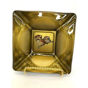 Vintage Retro Boho Olive Glass Owl Ashtray Bowl